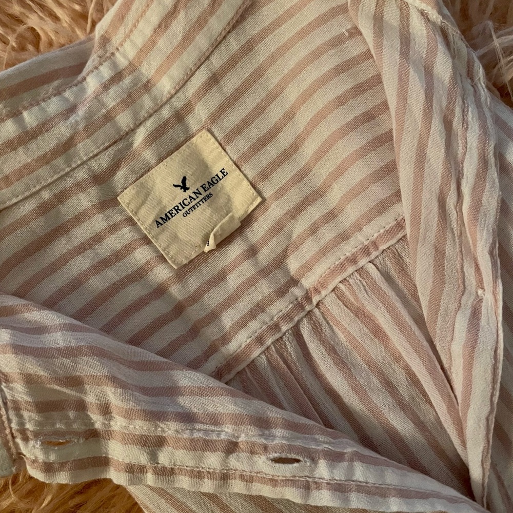American Eagle Sheer White/Pink Striped Short Sleeve Blouse
